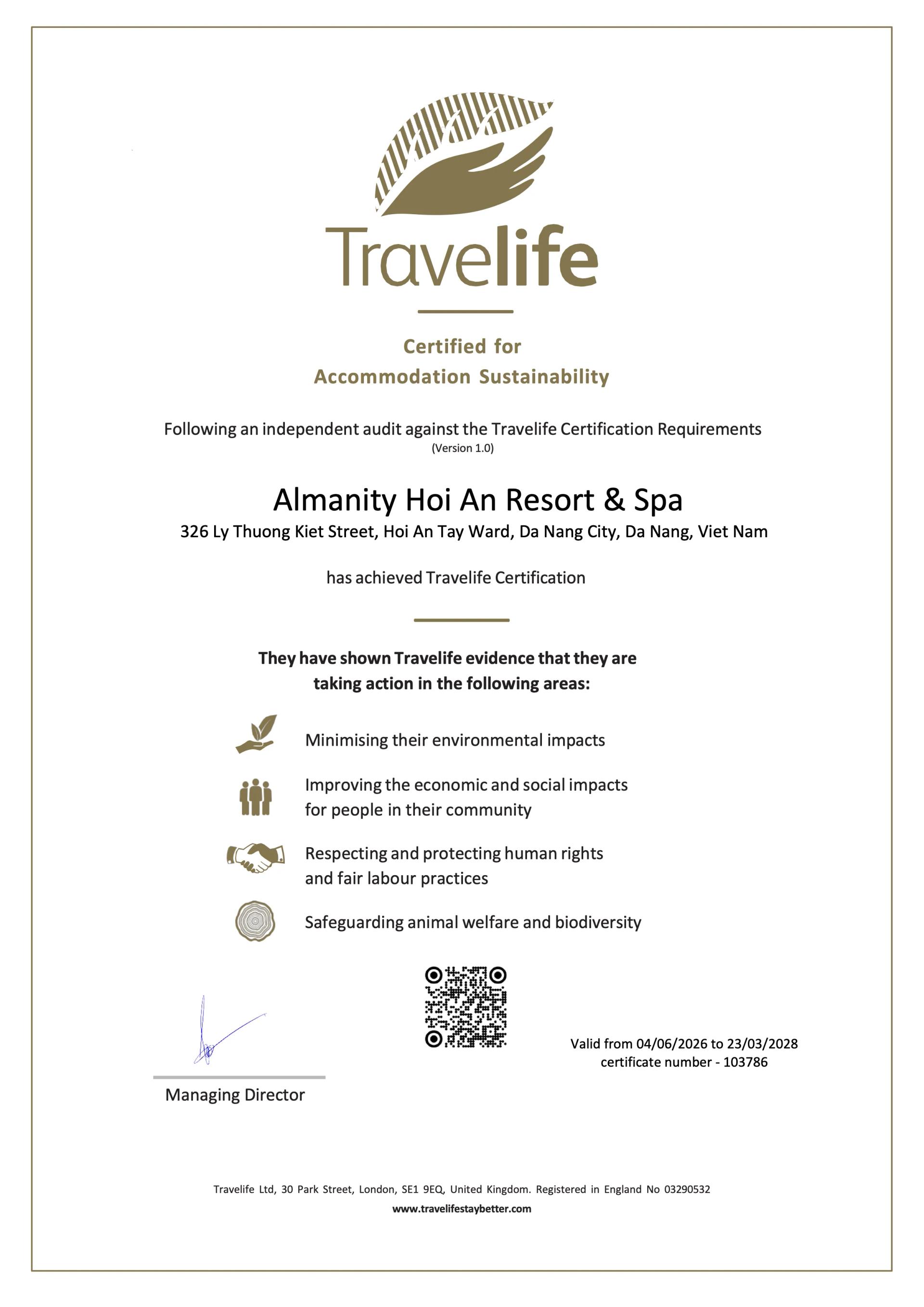 Travelife Gold Certification For Sustainable Accommodation