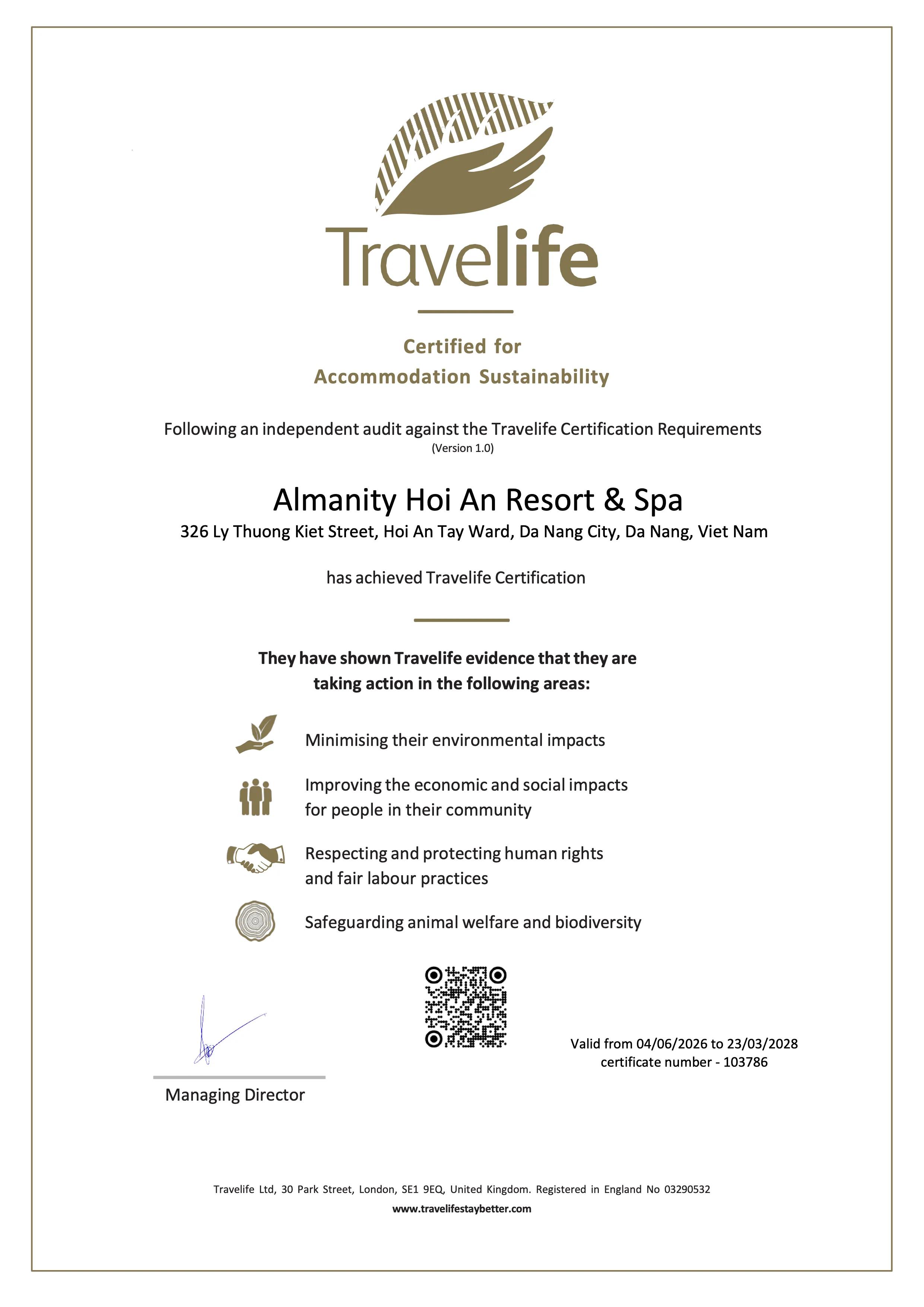 Travelife Gold Certification For Sustainable Accommodation